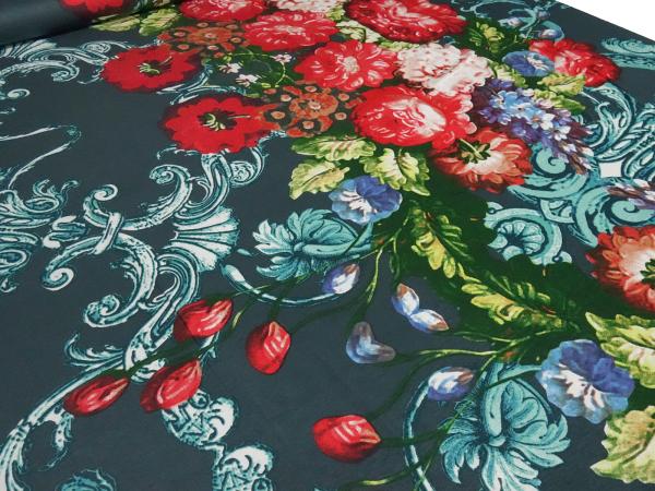 Stoff Viskose Jersey mit Blumen Borden Design dunkelgrün petrol rot bunt Kleiderstoff