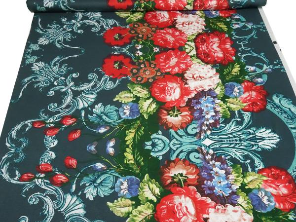 Stoff Viskose Jersey mit Blumen Borden Design dunkelgrün petrol rot bunt Kleiderstoff