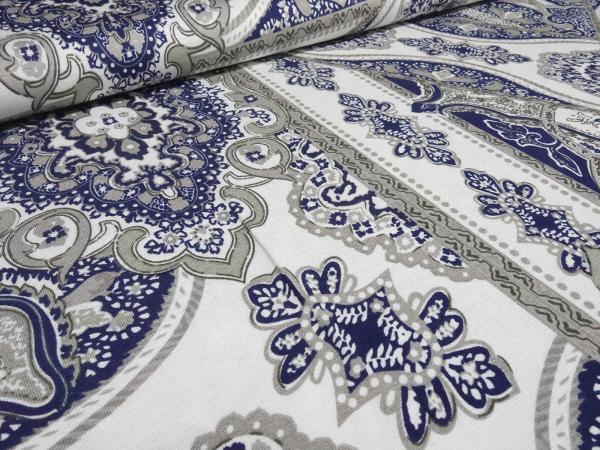 Fabric viscose jersey with flowers ornaments design white gray blue dress fabric