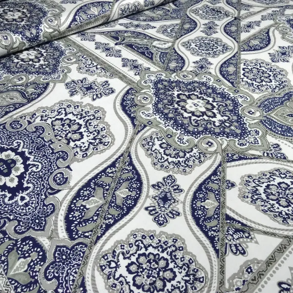 Fabric viscose jersey with flowers ornaments design white gray blue dress fabric