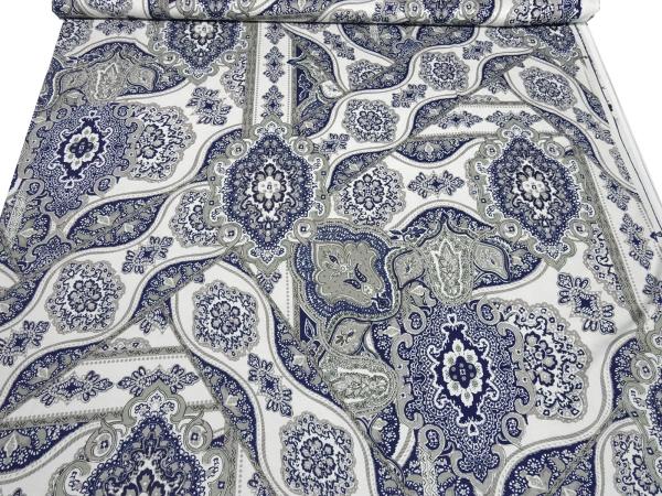 Fabric viscose jersey with flowers ornaments design white gray blue dress fabric