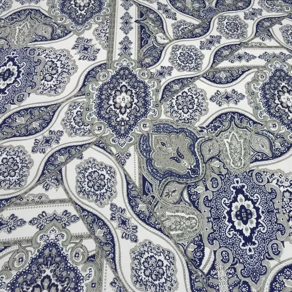 Fabric viscose jersey with flowers ornaments design white gray blue dress fabric