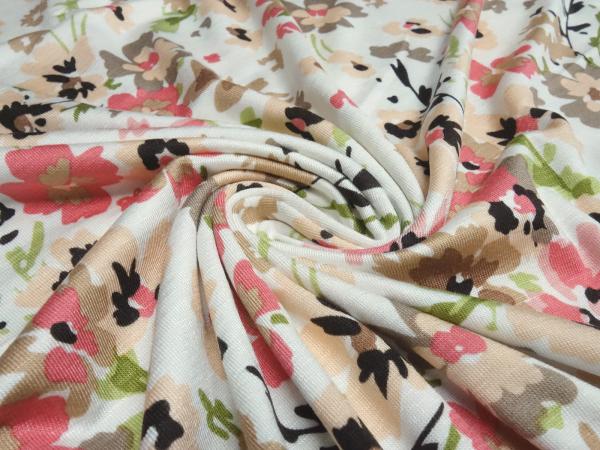 Stoff Viskose Jersey Blumen Design wollweiß grün braun beige koralle apriko Kleiderstoff