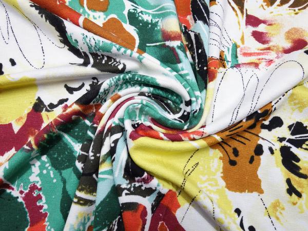 Stoff Viskose Jersey Blumen Abstrakt Design ecrú grün braun gelb rot bunt Kleiderstoff