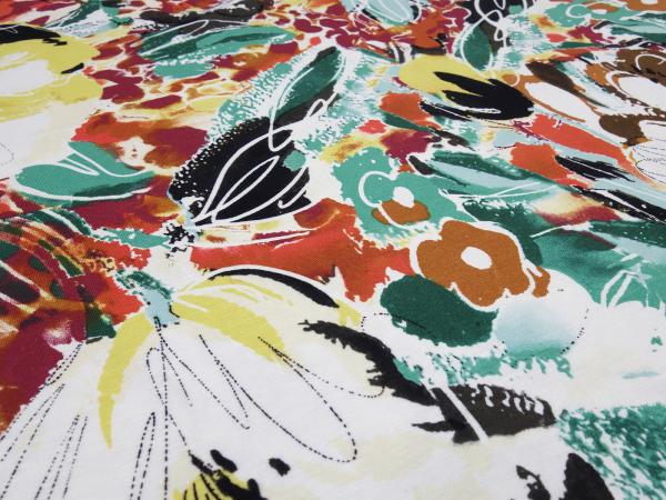 Stoff Viskose Jersey Blumen Abstrakt Design ecrú grün braun gelb rot bunt Kleiderstoff