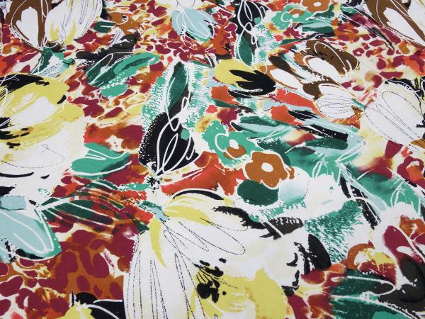 Stoff Viskose Jersey Blumen Abstrakt Design ecrú grün braun gelb rot bunt Kleiderstoff