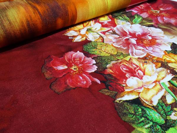Stoff Jersey Stoffpanel 95 cm Blumen Ranken Design vanille rot grün bunt Kleiderstoff