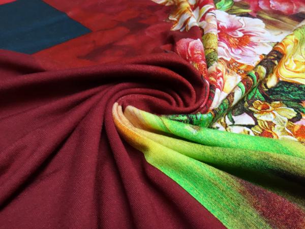 Stoff Jersey Stoffpanel 95 cm Blumen Ranken Design vanille rot grün bunt Kleiderstoff