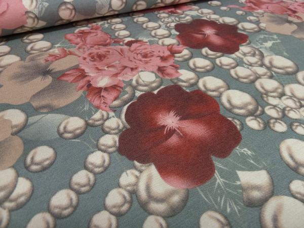 Fabric viscose jersey flowers roses beads design pink red brown taupe gray beige colorful dress fabric