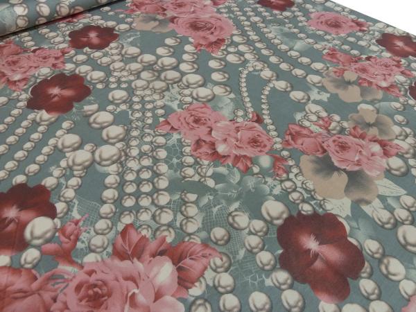 Fabric viscose jersey flowers roses beads design pink red brown taupe gray beige colorful dress fabric