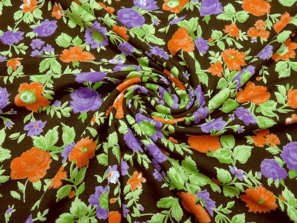 Stoff Viskose Jersey Blumen Rosen Design braun grün orange lila Kleiderstoff
