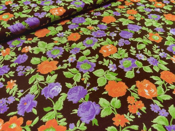 Stoff Viskose Jersey Blumen Rosen Design braun grün orange lila Kleiderstoff