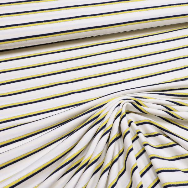 Fabric light cotton jersey lurex stripes horizontal striped white yellow navy blue silver dress fabric children's fabric