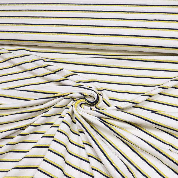 Fabric light cotton jersey lurex stripes horizontal striped white yellow navy blue silver dress fabric children's fabric