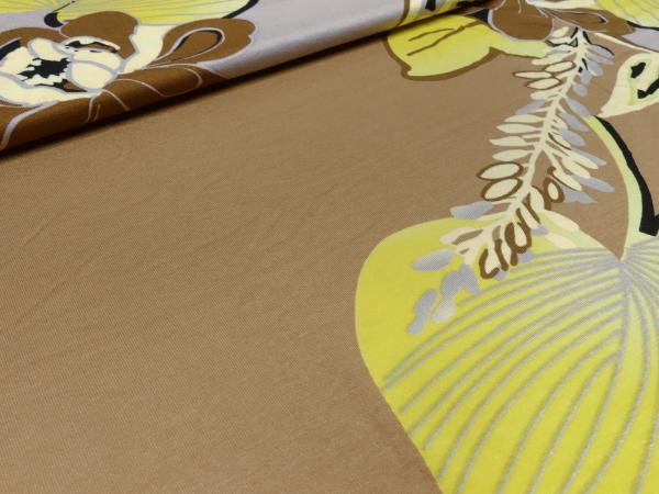 Stoff Viskose Jersey mit Blumen Ranken Design braun beige taupé gelb schwarz bunt Kleiderstoff