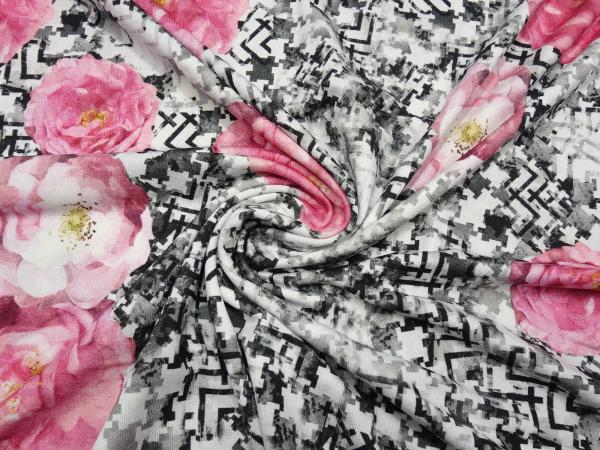 Stoff Viskose Jersey Blumen Rosen Abstrakt Design rosa grau weiß schwarz gelb Kleiderstoff
