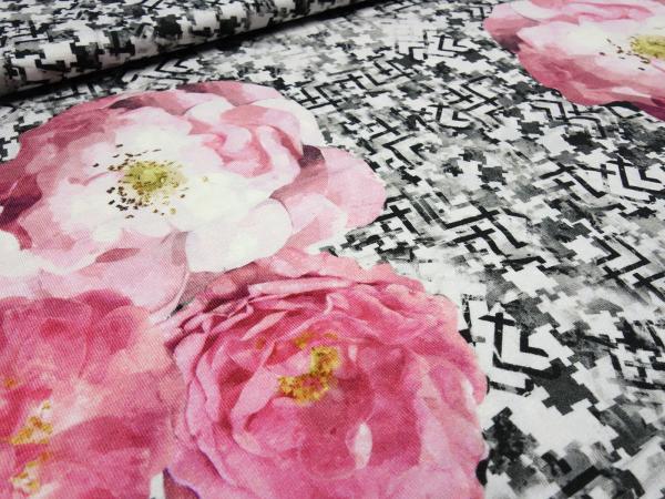 Stoff Viskose Jersey Blumen Rosen Abstrakt Design rosa grau weiß schwarz gelb Kleiderstoff
