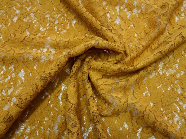 Stoff Bi-Stretch Spitze Spitzenstoff mit Blumenmuster curry ocker Kleiderstoff
