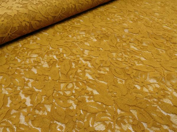 Stoff Bi-Stretch Spitze Spitzenstoff mit Blumenmuster curry ocker Kleiderstoff