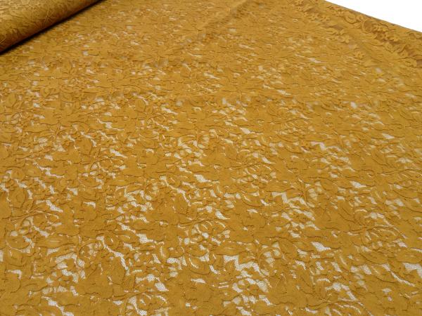 Stoff Bi-Stretch Spitze Spitzenstoff mit Blumenmuster curry ocker Kleiderstoff