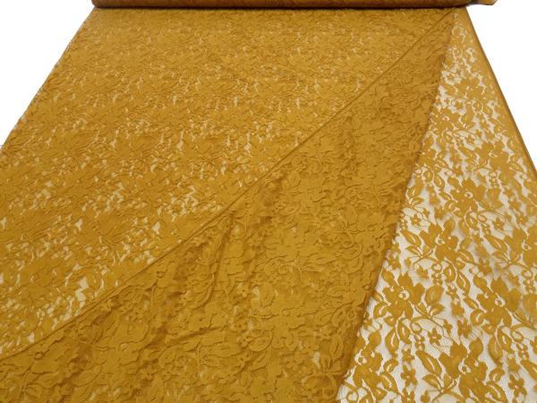 Stoff Bi-Stretch Spitze Spitzenstoff mit Blumenmuster curry ocker Kleiderstoff