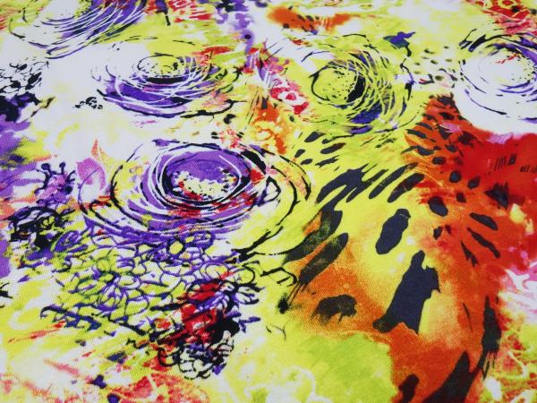 Stoff Viskose Jersey abstrakt Kreise Design gelb-grün rot lila weiß bunt Kleiderstoff