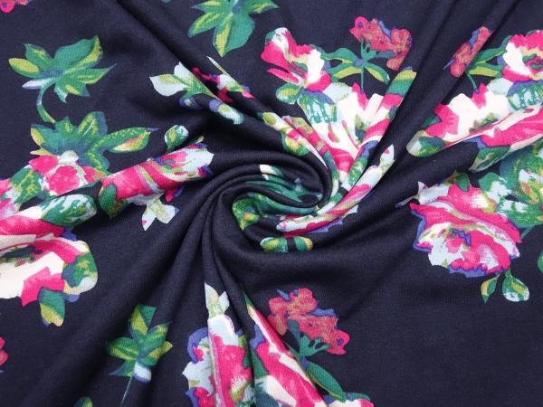 Viskose Elastik Jersey Blumen Design marine-blau pink grün bunt Kleiderstoff Kinderstoff