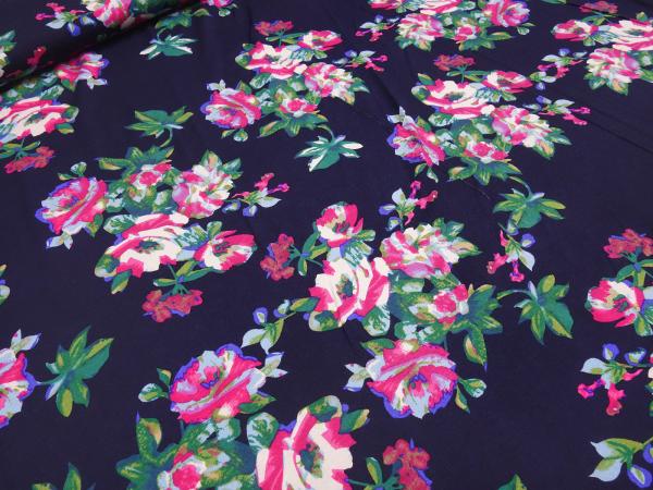 Viskose Elastik Jersey Blumen Design marine-blau pink grün bunt Kleiderstoff Kinderstoff