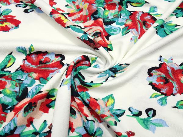 Stoff Viskose Jersey Blumen Rosen Design wollweiß grün rot rosa gelb blau Kleiderstoff