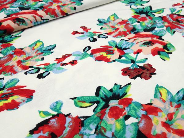 Stoff Viskose Jersey Blumen Rosen Design wollweiß grün rot rosa gelb blau Kleiderstoff