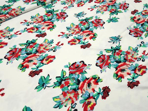 Stoff Viskose Jersey Blumen Rosen Design wollweiß grün rot rosa gelb blau Kleiderstoff