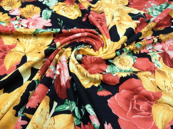 Stoff Viskose Jersey Blumen Rosen Design rot gold-gelb schwarz bunt Kleiderstoff