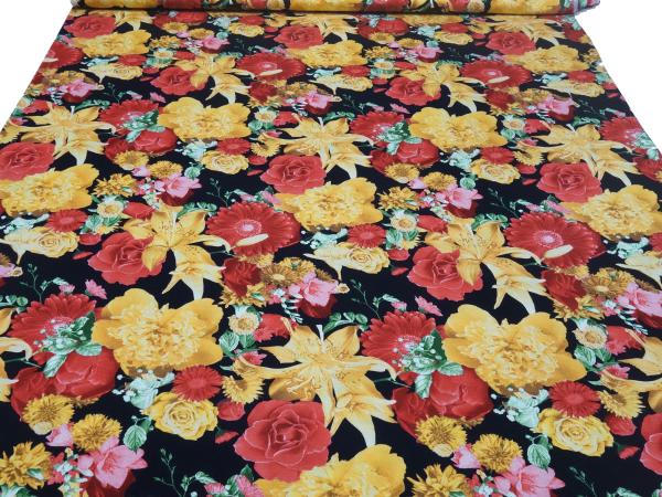Stoff Viskose Jersey Blumen Rosen Design rot gold-gelb schwarz bunt Kleiderstoff