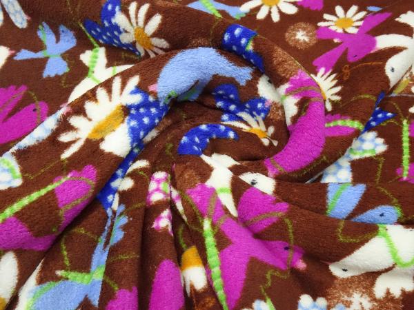 Stoff Microfleece Wellnessfleece mit Vögel Herzen Blumen Design braun pink blau weiß bunt Kinderstoff Dekostoff Kleiderstoff
