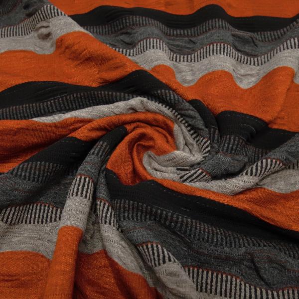 Fabric jacquard jersey stripes rust taupé gray black striped smocked dress fabric