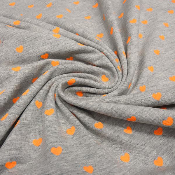 Stoff Baumwolle Jersey Herzen hellgrau melange neon orange Kleiderstoff Kinderstoff