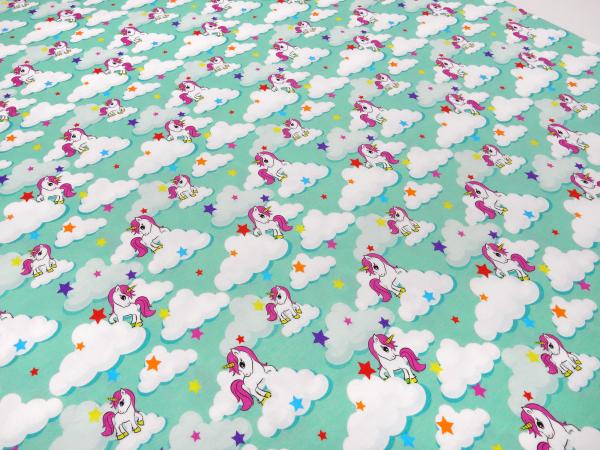 Fabric cotton jersey with unicorn stars clouds design mint green white colorful children's fabric dress fabric