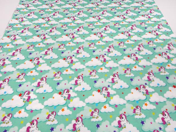 Fabric cotton jersey with unicorn stars clouds design mint green white colorful children's fabric dress fabric