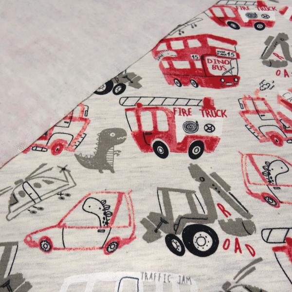 Stoff Baumwolle Sweatshirtstoff Bagger Bus Auto Dino Feuerwehr Design natur rot grau schwarz Kinderstoff Kleiderstoff