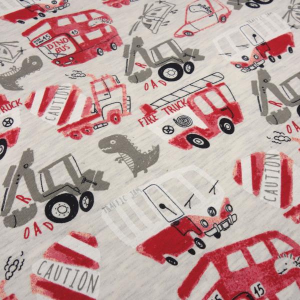 Stoff Baumwolle Sweatshirtstoff Bagger Bus Auto Dino Feuerwehr Design natur rot grau schwarz Kinderstoff Kleiderstoff