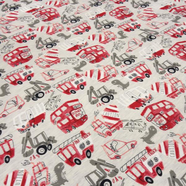 Stoff Baumwolle Sweatshirtstoff Bagger Bus Auto Dino Feuerwehr Design natur rot grau schwarz Kinderstoff Kleiderstoff
