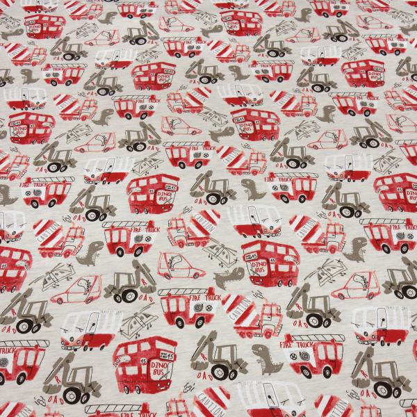 Stoff Baumwolle Sweatshirtstoff Bagger Bus Auto Dino Feuerwehr Design natur rot grau schwarz Kinderstoff Kleiderstoff