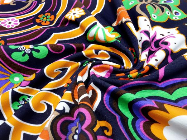 Stoff Baumwolle Jersey mit Blumenmuster Design marine blau orange grün weiß bunt Kleiderstoff