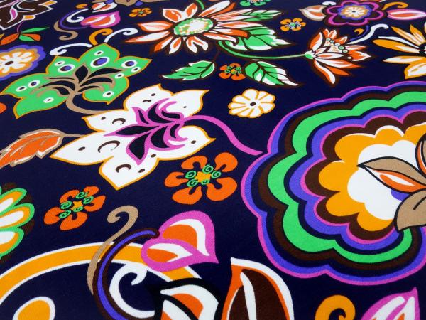 Stoff Baumwolle Jersey mit Blumenmuster Design marine blau orange grün weiß bunt Kleiderstoff