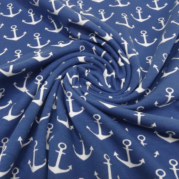 Fabric Cotton French terry sweatshirt fabric with nautical anchor design blue white children's fabric dress fabric