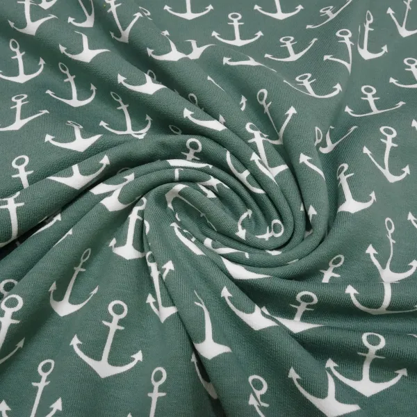 Stoff Baumwolle French Terry Sweatshirtstoff mit maritimen Anker Design grün altgrün weiß Kinderstoff Kleiderstoff