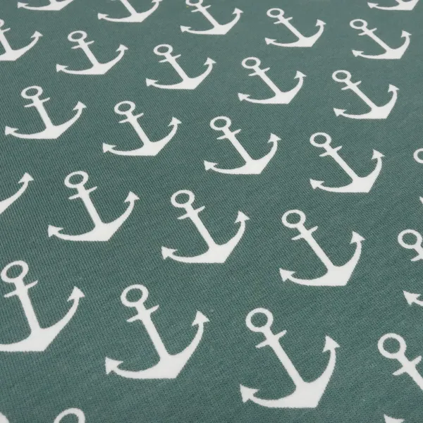 Stoff Baumwolle French Terry Sweatshirtstoff mit maritimen Anker Design grün altgrün weiß Kinderstoff Kleiderstoff
