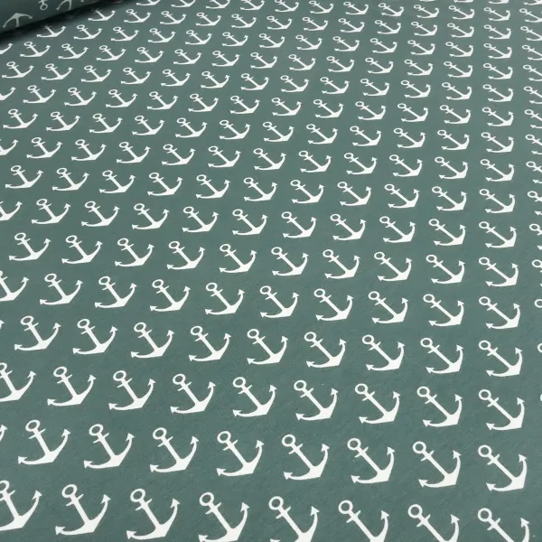 Stoff Baumwolle French Terry Sweatshirtstoff mit maritimen Anker Design grün altgrün weiß Kinderstoff Kleiderstoff