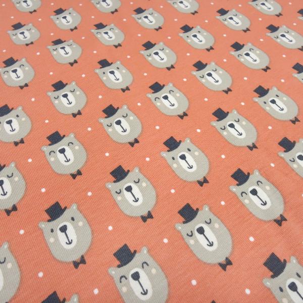 Fabric cotton jersey teddy bear bear head dots design orange beige black white children's fabric dress fabric
