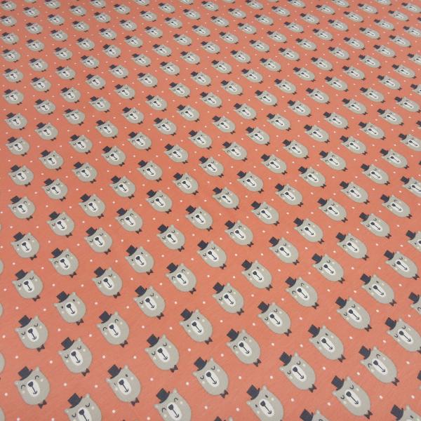 Fabric cotton jersey teddy bear bear head dots design orange beige black white children's fabric dress fabric